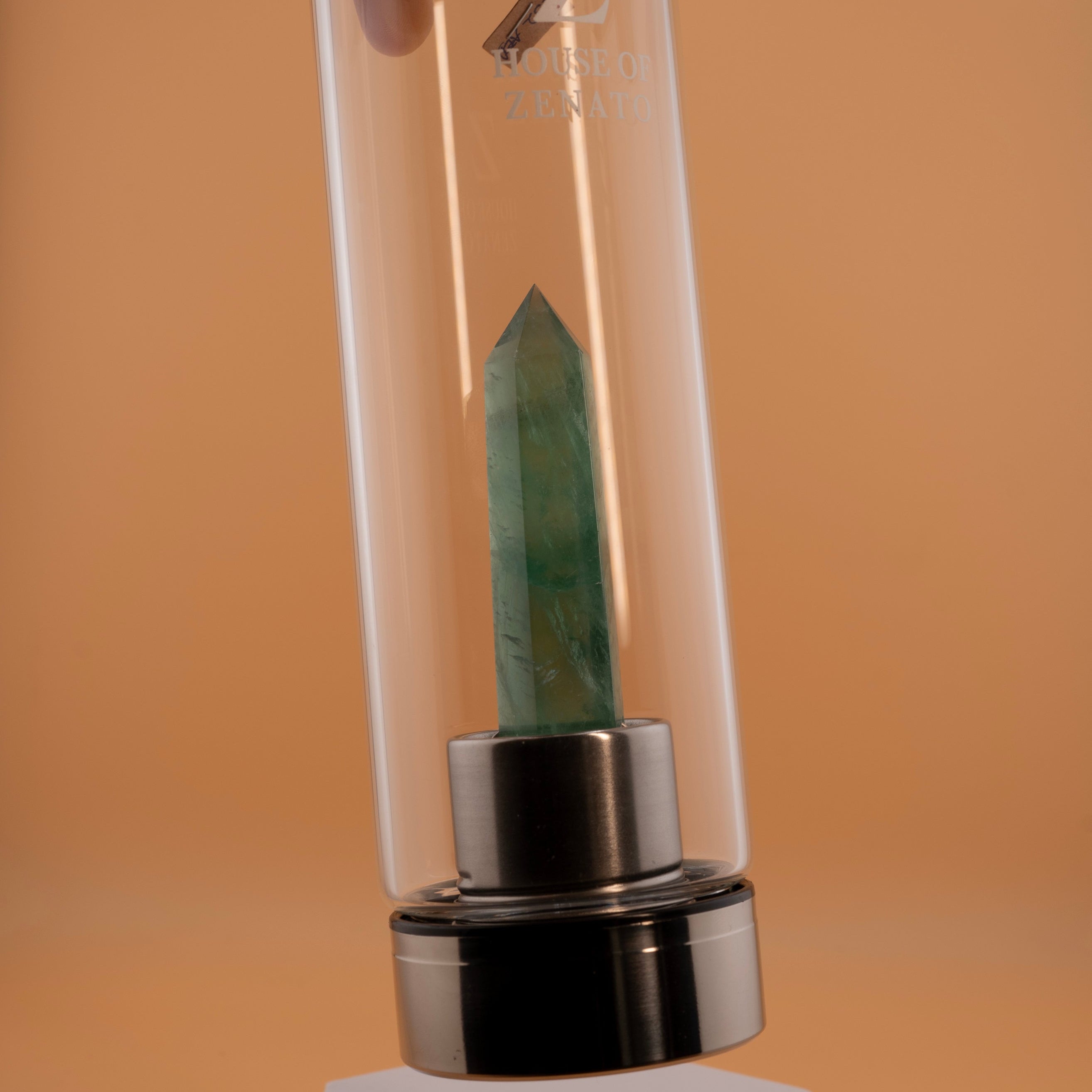 Green Fluorite Crystal Water Bottle – 18oz Borosilicate Glass Gemstone Elixir Bottle with Stainless Steel Lid – Healing Infuser Water Bottle for Clarity & Energy