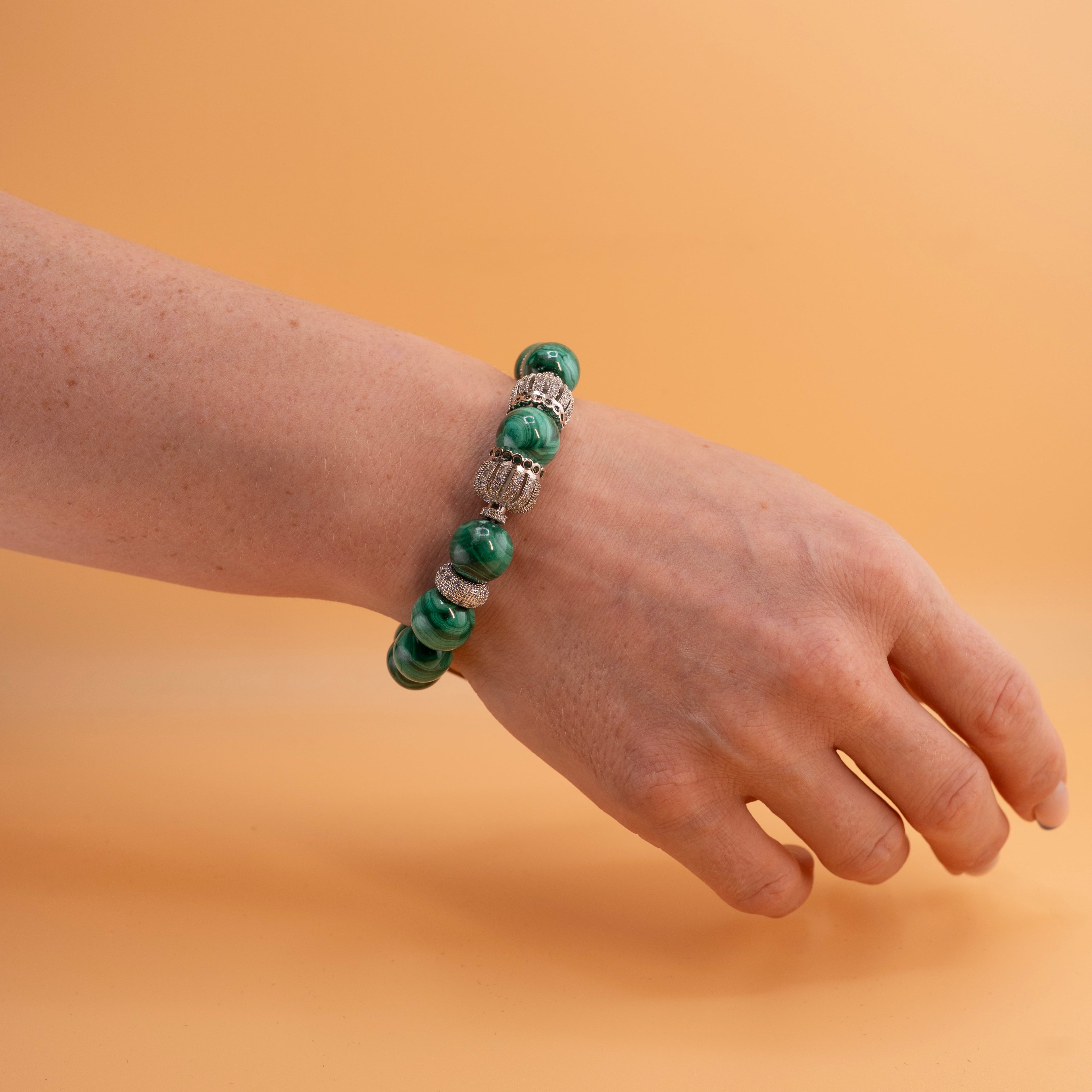 Green Malachite Beaded Bracelet – Natural Stone Gemstone Stretch Bracelet with Silver Accents – Handmade Jewelry for Women & Men – Healing Crystal Gift