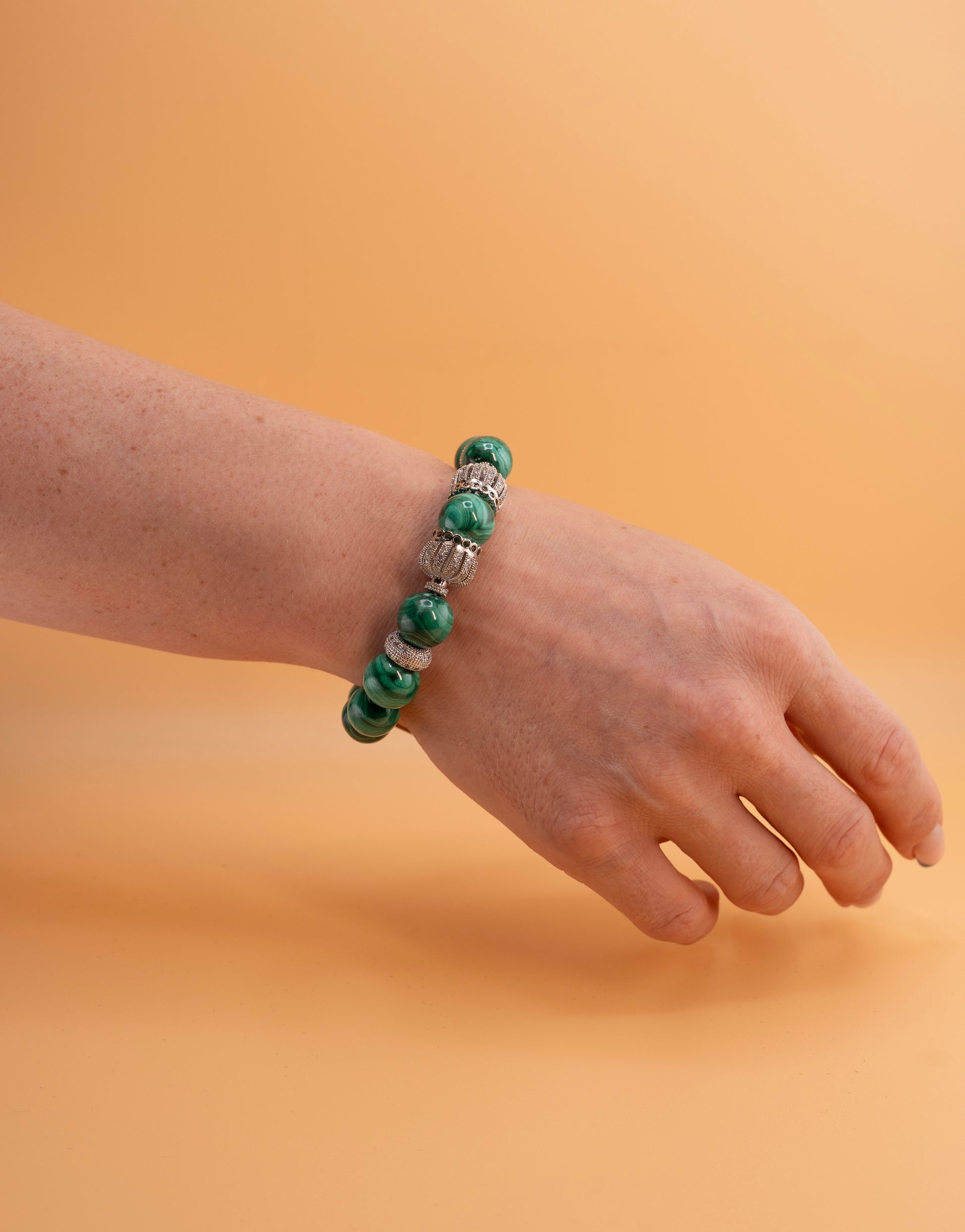 Green Malachite Beaded Bracelet – Natural Stone Gemstone Stretch Bracelet with Silver Accents – Handmade Jewelry for Women & Men – Healing Crystal Gift