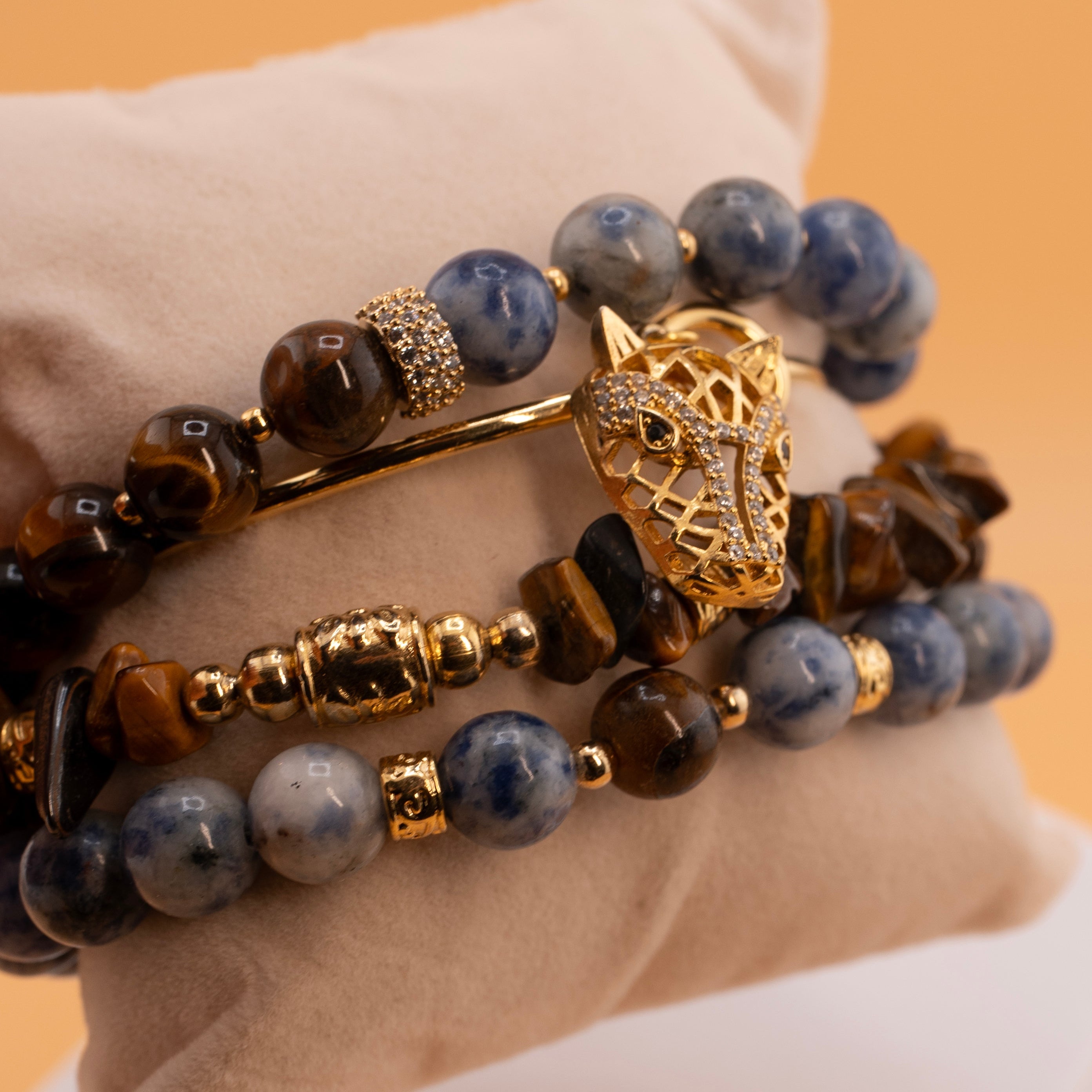 Tiger Eye & Sodalite Beaded Bracelet Set – Multi-Layer Natural Stone Stretch Bracelets with Gold Panther Charm – Handmade Spiritual Jewelry for Strength & Style