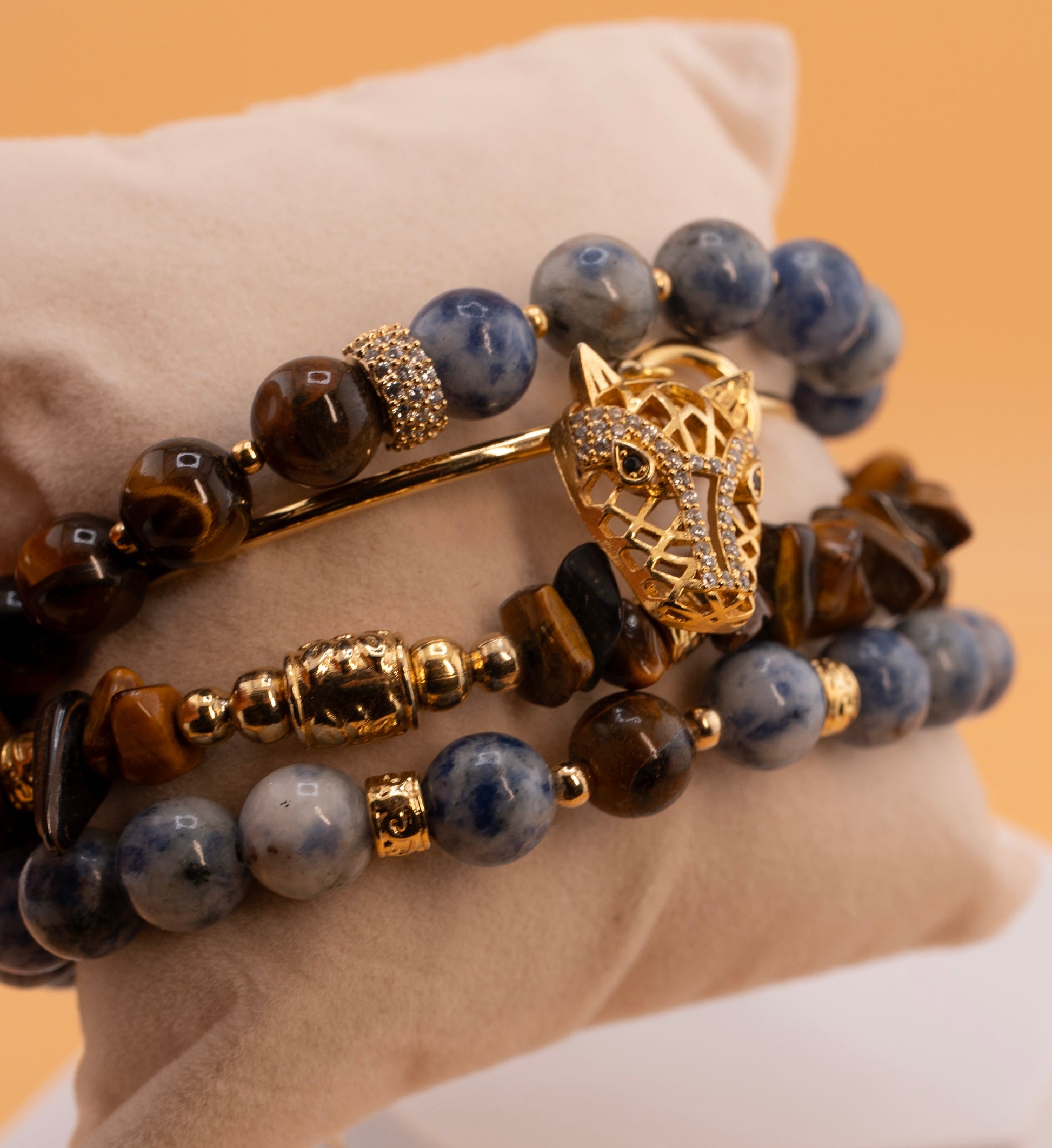 Tiger Eye & Sodalite Beaded Bracelet Set – Multi-Layer Natural Stone Stretch Bracelets with Gold Panther Charm – Handmade Spiritual Jewelry for Strength & Style