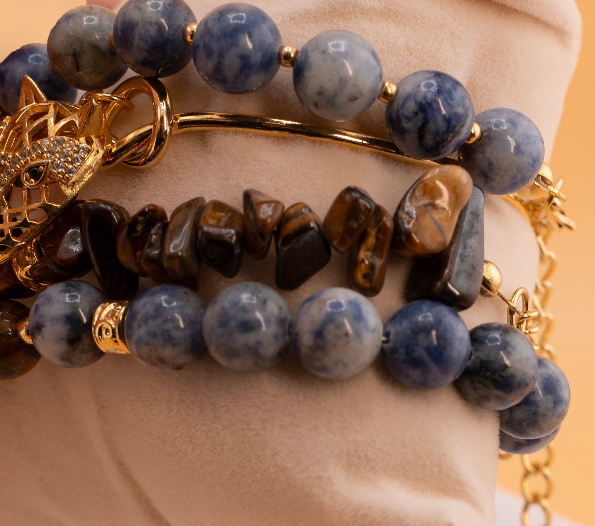 Tiger Eye & Sodalite Beaded Bracelet Set – Multi-Layer Natural Stone Stretch Bracelets with Gold Panther Charm – Handmade Spiritual Jewelry for Strength & Style