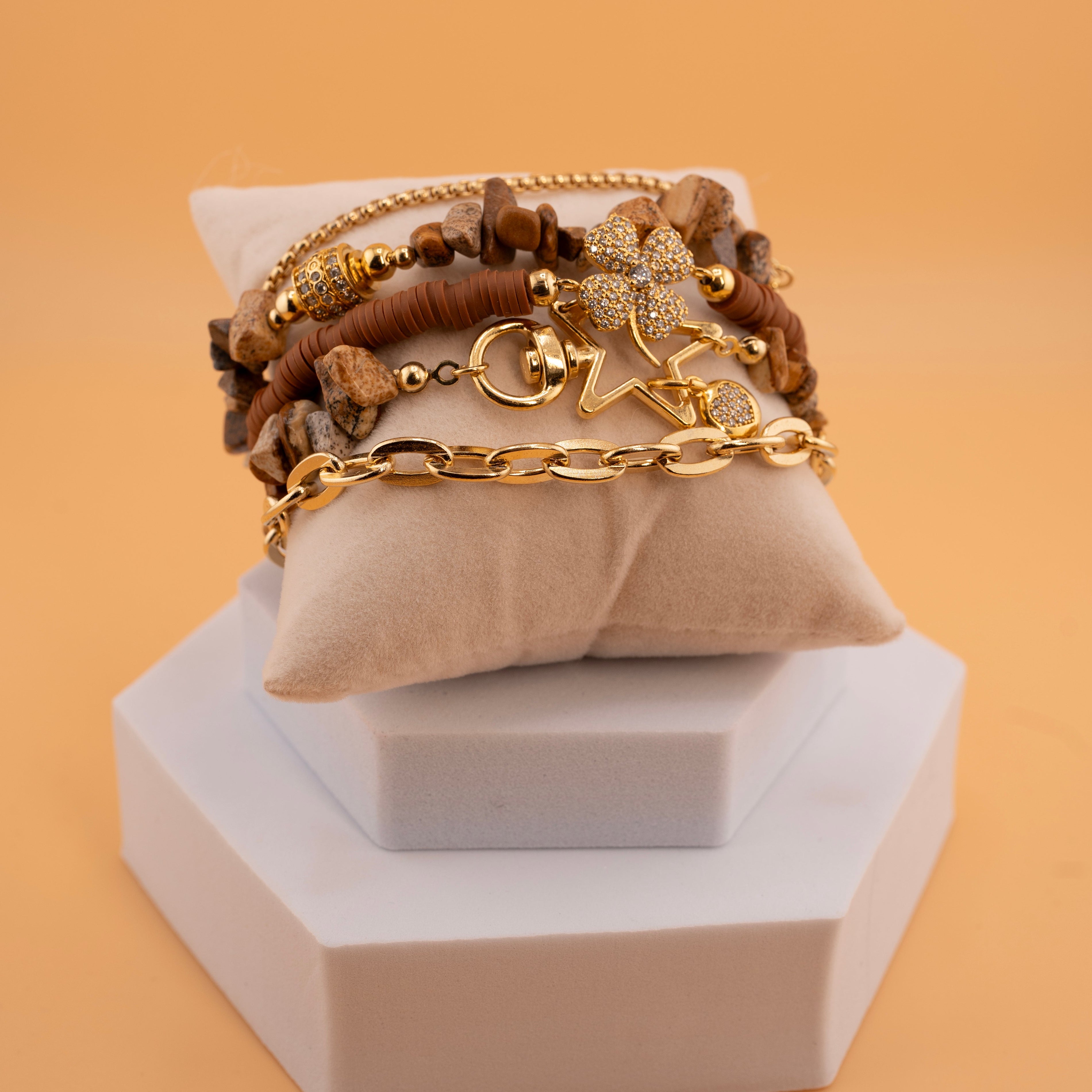 Boho Chic Multi-Layer Bracelet for Women – Natural Jasper Stone Chips, Gold Chains & Crystal Flower Charm – Handmade Stackable Bracelet Set for Fashion & Energy