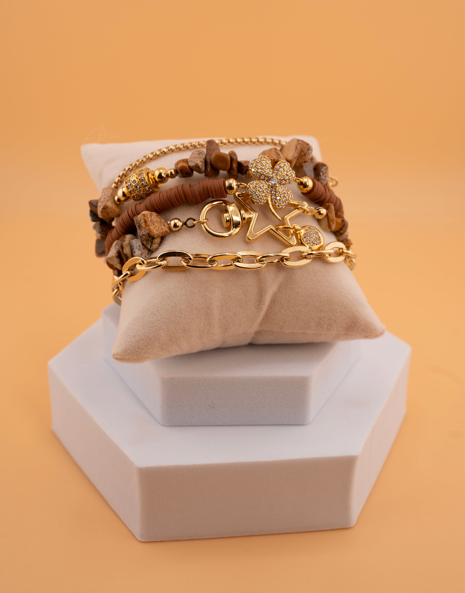 Boho Chic Multi-Layer Bracelet for Women – Natural Jasper Stone Chips, Gold Chains & Crystal Flower Charm – Handmade Stackable Bracelet Set for Fashion & Energy