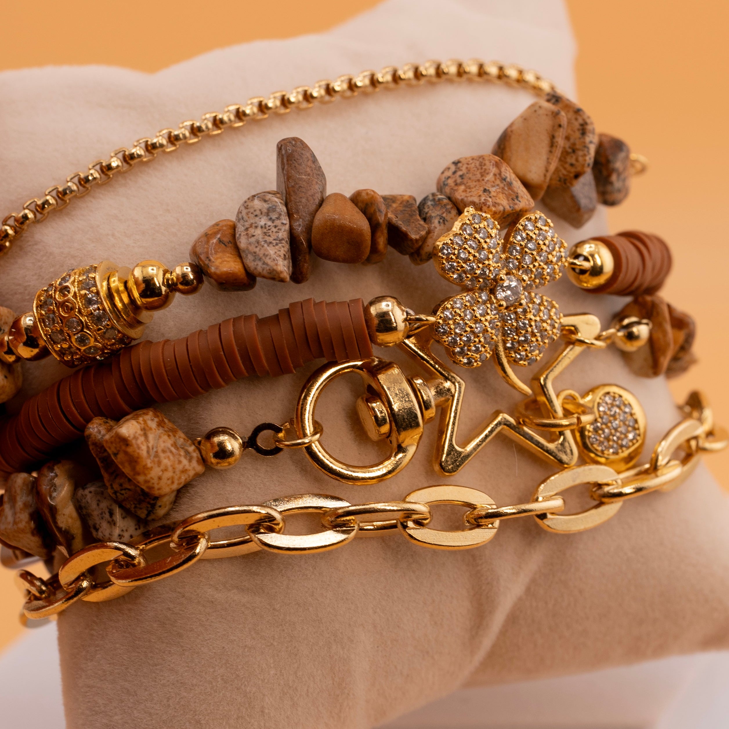 Boho Chic Multi-Layer Bracelet for Women – Natural Jasper Stone Chips, Gold Chains & Crystal Flower Charm – Handmade Stackable Bracelet Set for Fashion & Energy