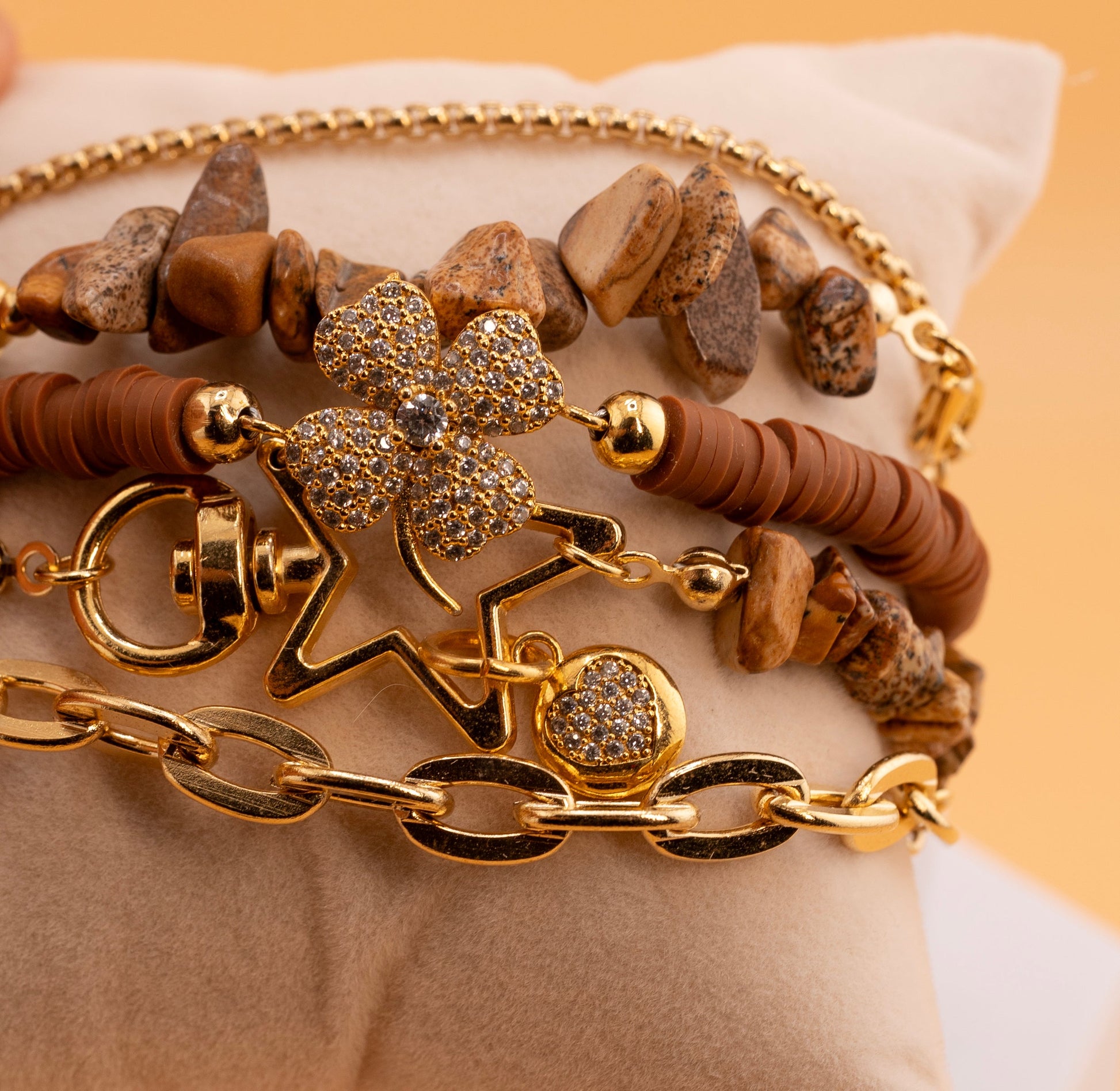 Boho Chic Multi-Layer Bracelet for Women – Natural Jasper Stone Chips, Gold Chains & Crystal Flower Charm – Handmade Stackable Bracelet Set for Fashion & Energy