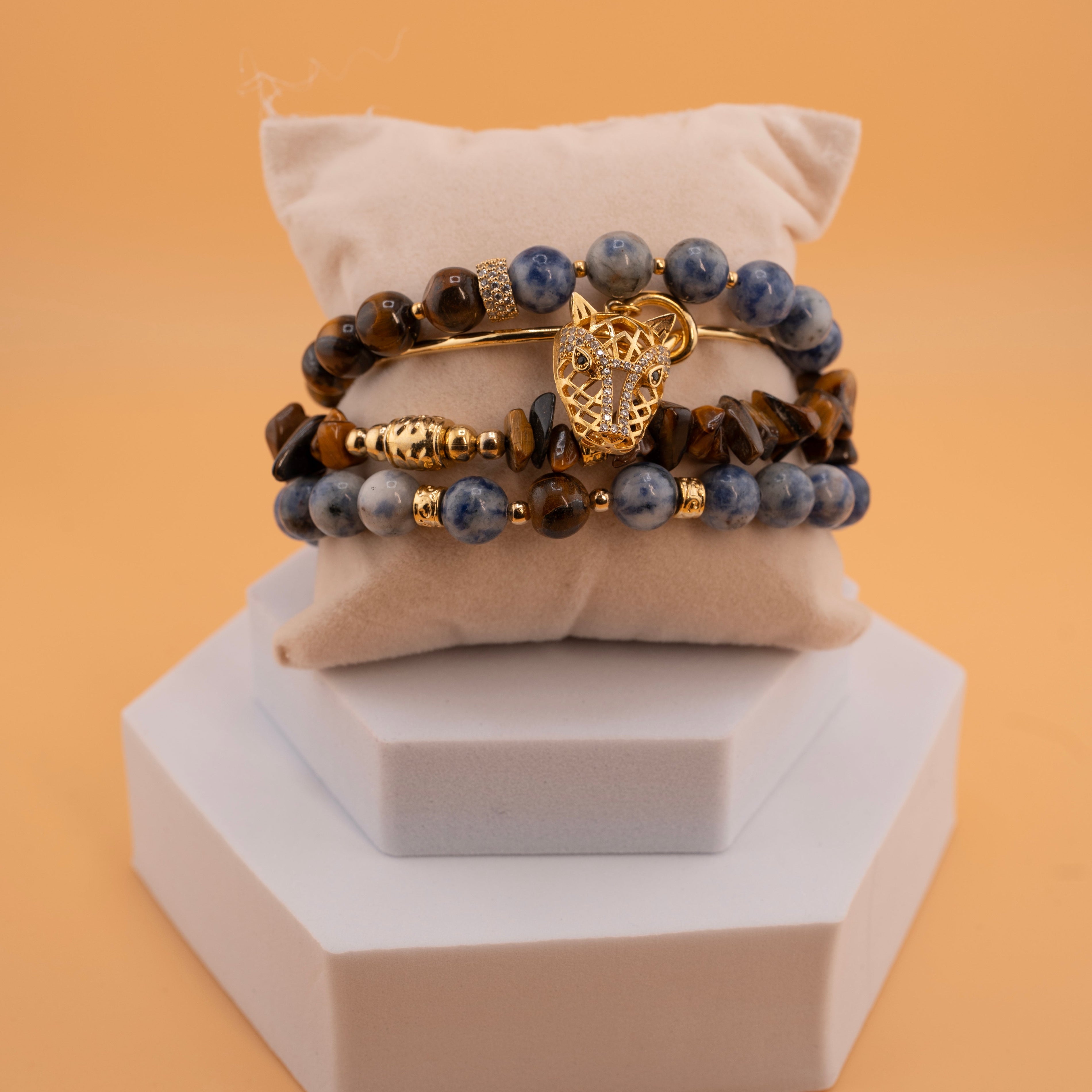 Tiger Eye & Sodalite Beaded Bracelet Set – Multi-Layer Natural Stone Stretch Bracelets with Gold Panther Charm – Handmade Spiritual Jewelry for Strength & Style