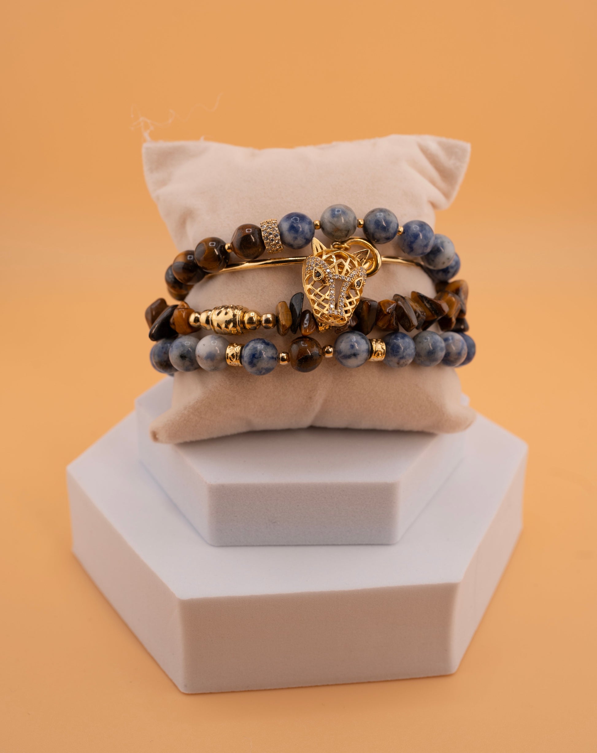 Tiger Eye & Sodalite Beaded Bracelet Set – Multi-Layer Natural Stone Stretch Bracelets with Gold Panther Charm – Handmade Spiritual Jewelry for Strength & Style