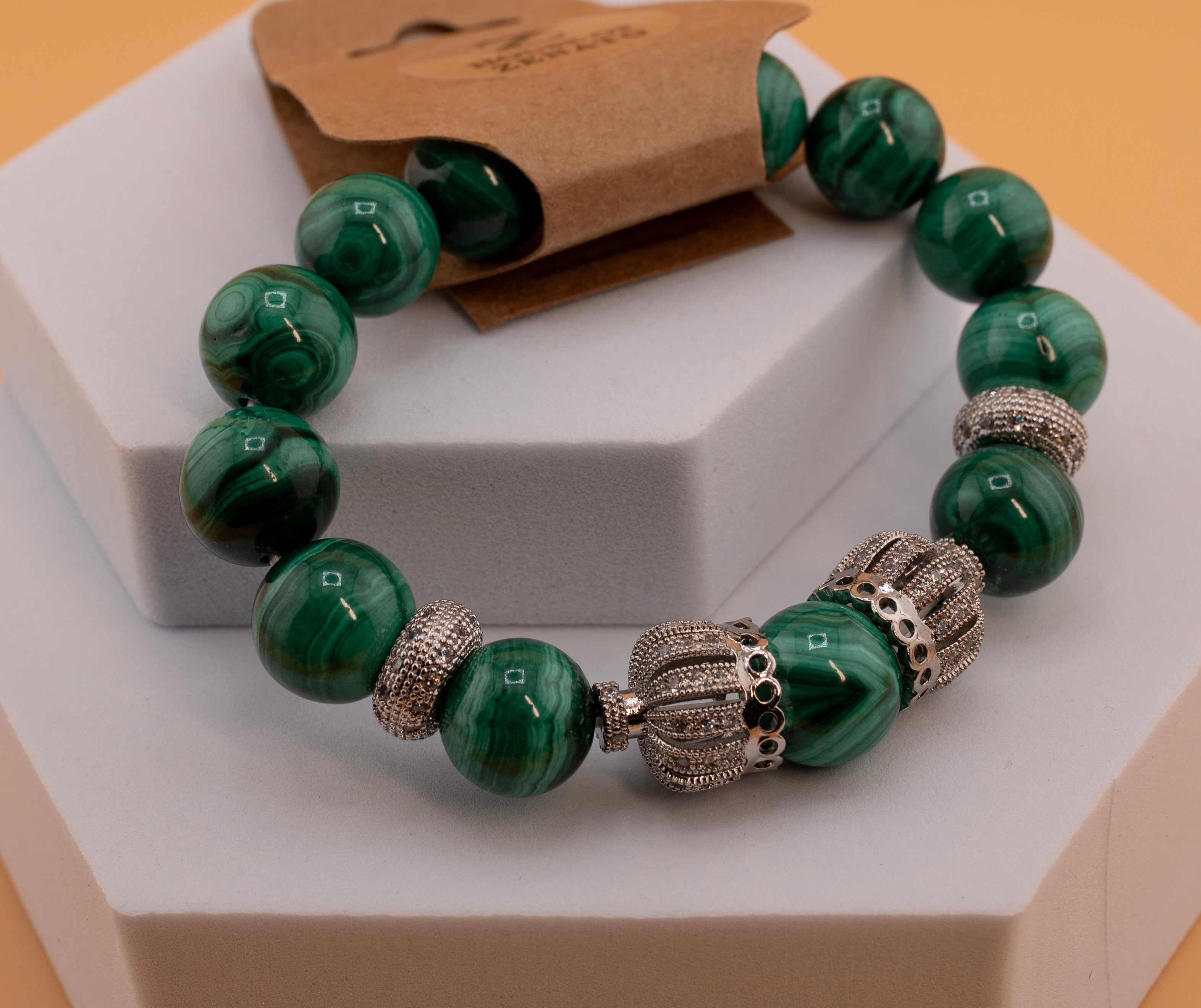 Green Malachite Beaded Bracelet – Natural Stone Gemstone Stretch Bracelet with Silver Accents – Handmade Jewelry for Women & Men – Healing Crystal Gift